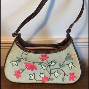 Liz Claiborne small purse light green linen with pink embroidered flowers